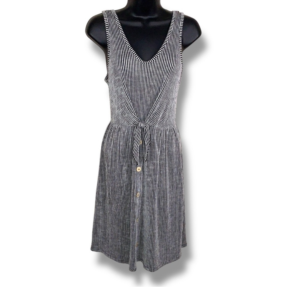 Small Black White Striped Sleeveless Stretch Dress  Vneck Front Tie Accent